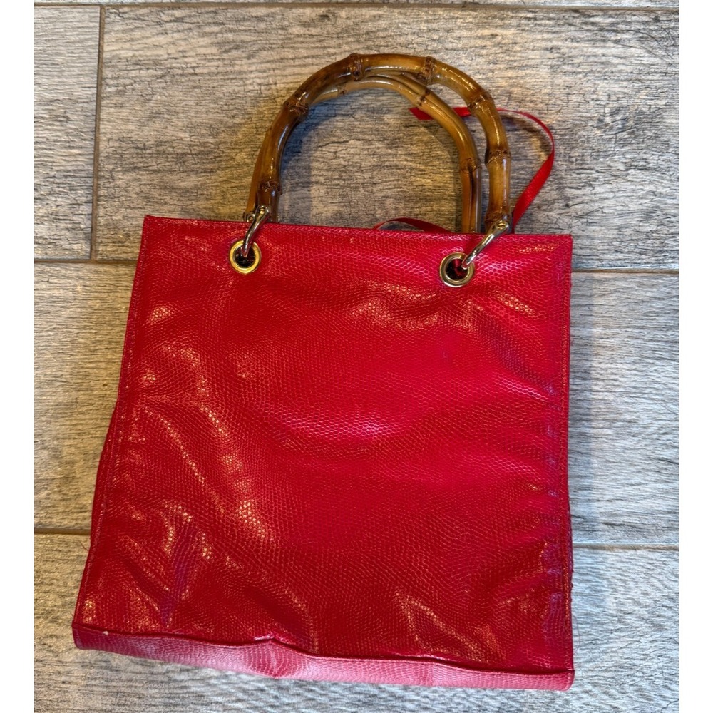 Giorgio Beverly Hills Hand Bag Red Faux Leather Bamboo Straps‎ Christmas Purse